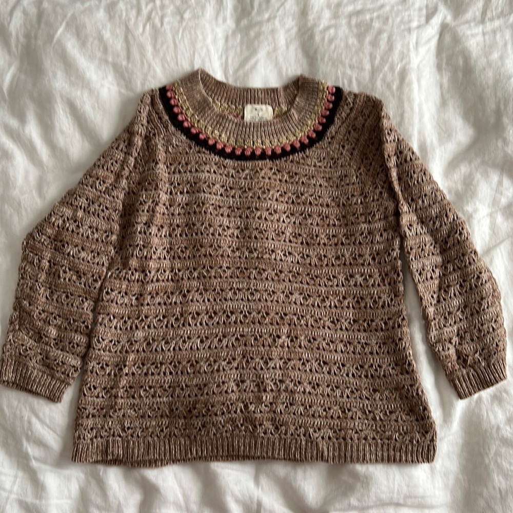 Crochet knit sweater with gold metallic trim